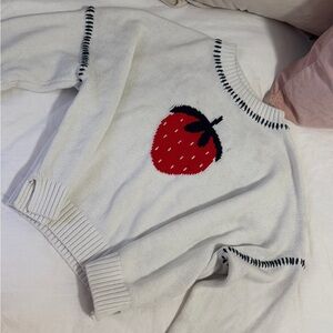 White Sweater with Red Strawberry Design